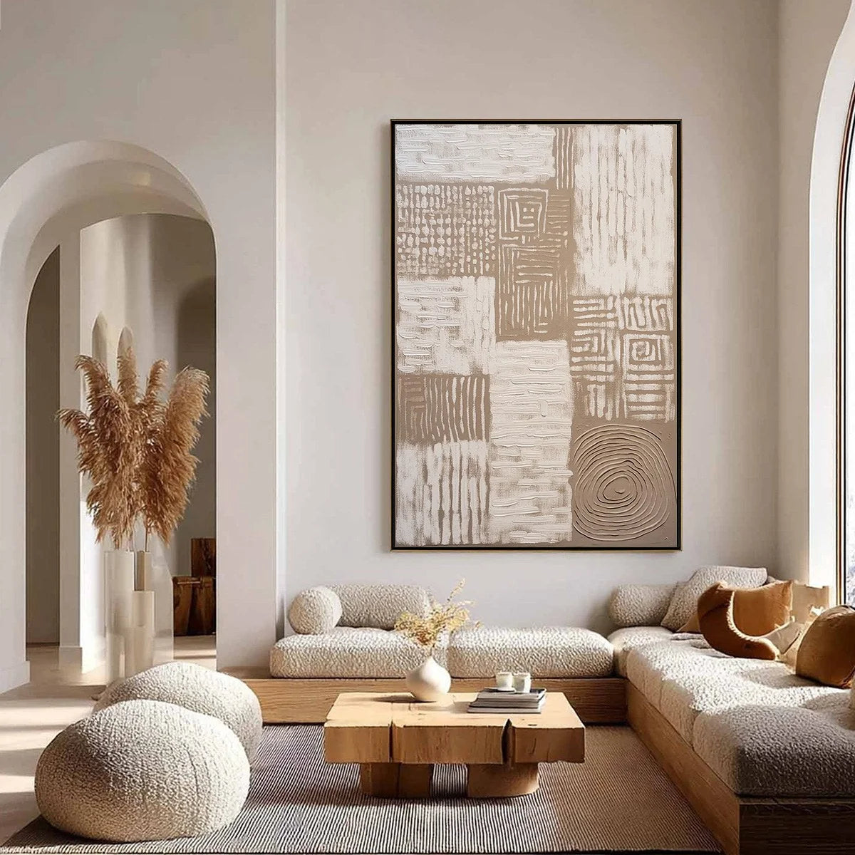 ANCIENT ECHOES: Textured Wabi Sabi Abstract Painting in Neutral Tones | gold frame stretched on neutral wall