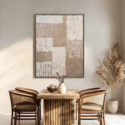 ANCIENT ECHOES: Textured Wabi Sabi Abstract Painting in Neutral Tones | black frame version on white wall