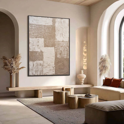 ANCIENT ECHOES: Textured Wabi Sabi Abstract Painting in Neutral Tones | Abstract mood, soft natural light studio shot
