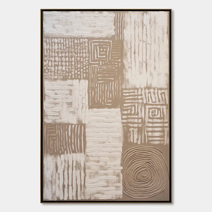 ANCIENT ECHOES: Textured Wabi Sabi Abstract Painting in Neutral Tones | hanging in ANCIENT ECHOES: Textured Wabi Sabi Abstract Painting in Neutral Tones featuring layered textured brushwork in refi...