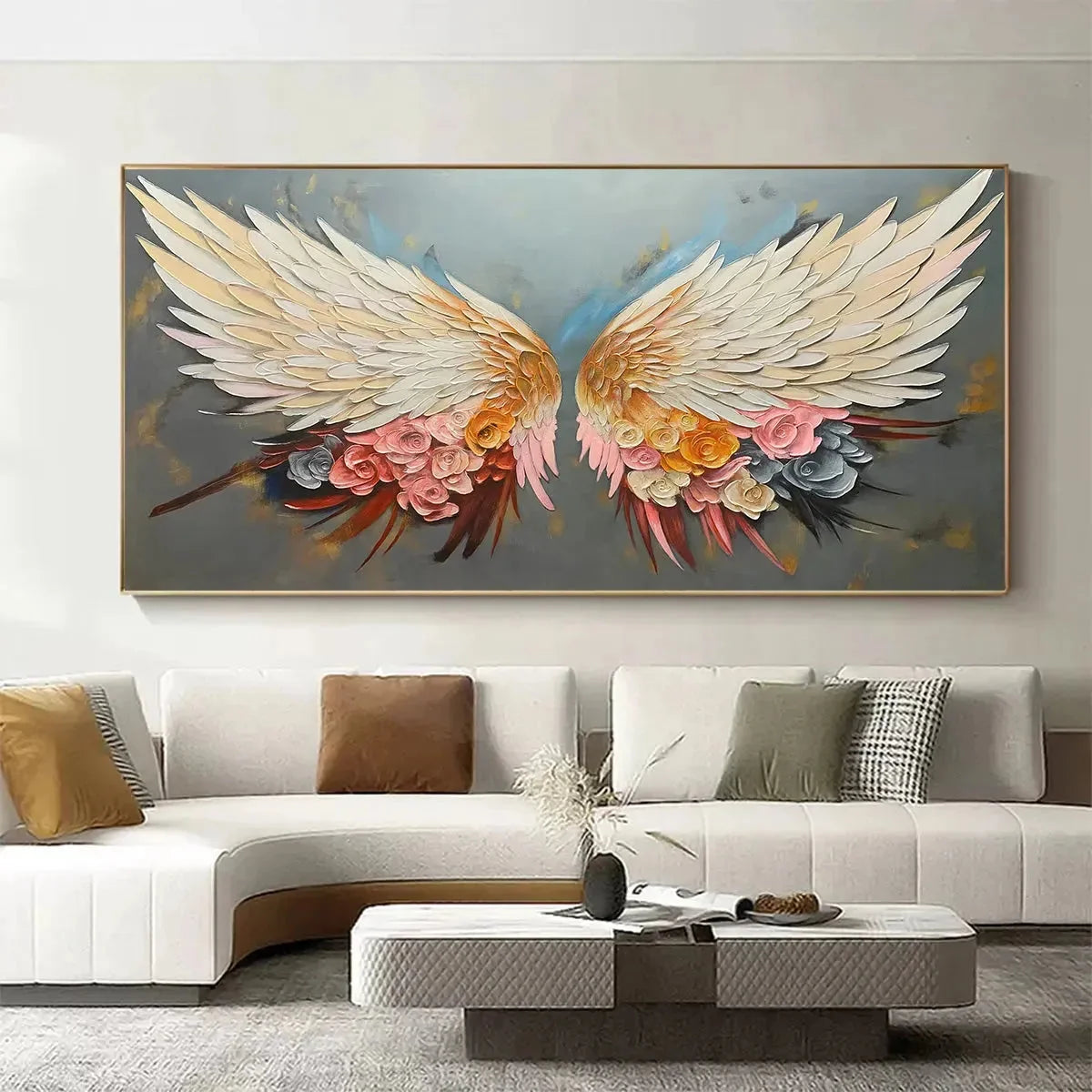 ANGEL WINGS: Panoramic Textured Impasto Painting of Floral Angel Wings, Romantic Wall Art, Bedroom Decor | Abstract closeup, raised brushwork detail