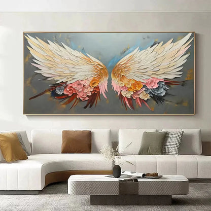 ANGEL WINGS: Panoramic Textured Impasto Painting of Floral Angel Wings, Romantic Wall Art, Bedroom Decor | Abstract closeup, raised brushwork detail