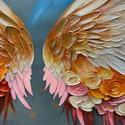 ANGEL WINGS: Panoramic Textured Impasto Painting of Floral Angel Wings, Romantic Wall Art, Bedroom Decor | rectangular format, hand-painted canvas edge