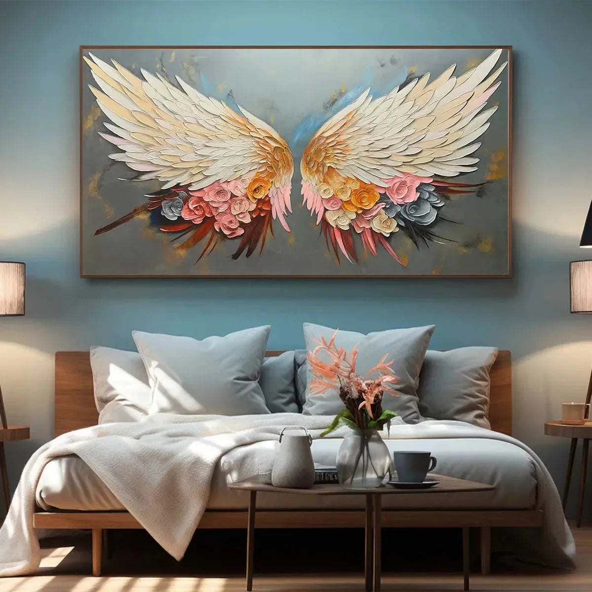 ANGEL WINGS: Panoramic Textured Impasto Painting of Floral Angel Wings, Romantic Wall Art, Bedroom Decor | gold frame stretched on neutral wall