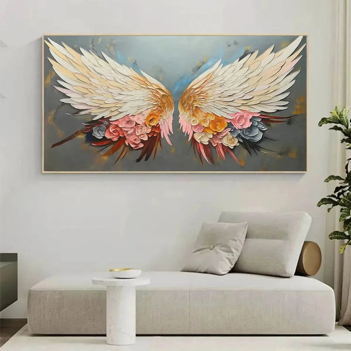 ANGEL WINGS: Panoramic Textured Impasto Painting of Floral Angel Wings, Romantic Wall Art, Bedroom Decor | rolled canvas, ready for custom framing