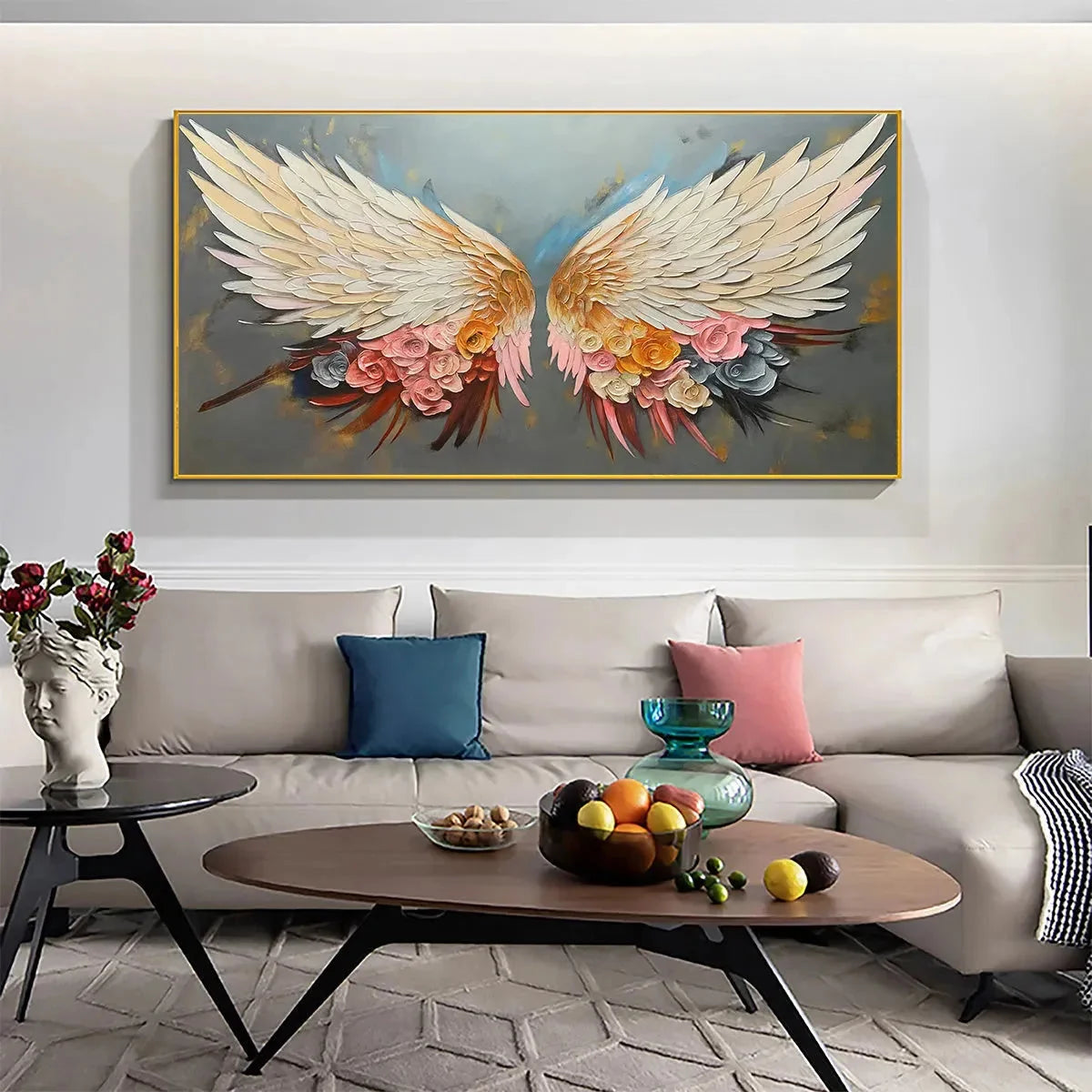 ANGEL WINGS: Panoramic Textured Impasto Painting of Floral Angel Wings, Romantic Wall Art, Bedroom Decor | Abstract mood, soft natural light studio shot