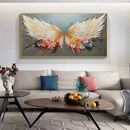 ANGEL WINGS: Panoramic Textured Impasto Painting of Floral Angel Wings, Romantic Wall Art, Bedroom Decor | Abstract mood, soft natural light studio shot