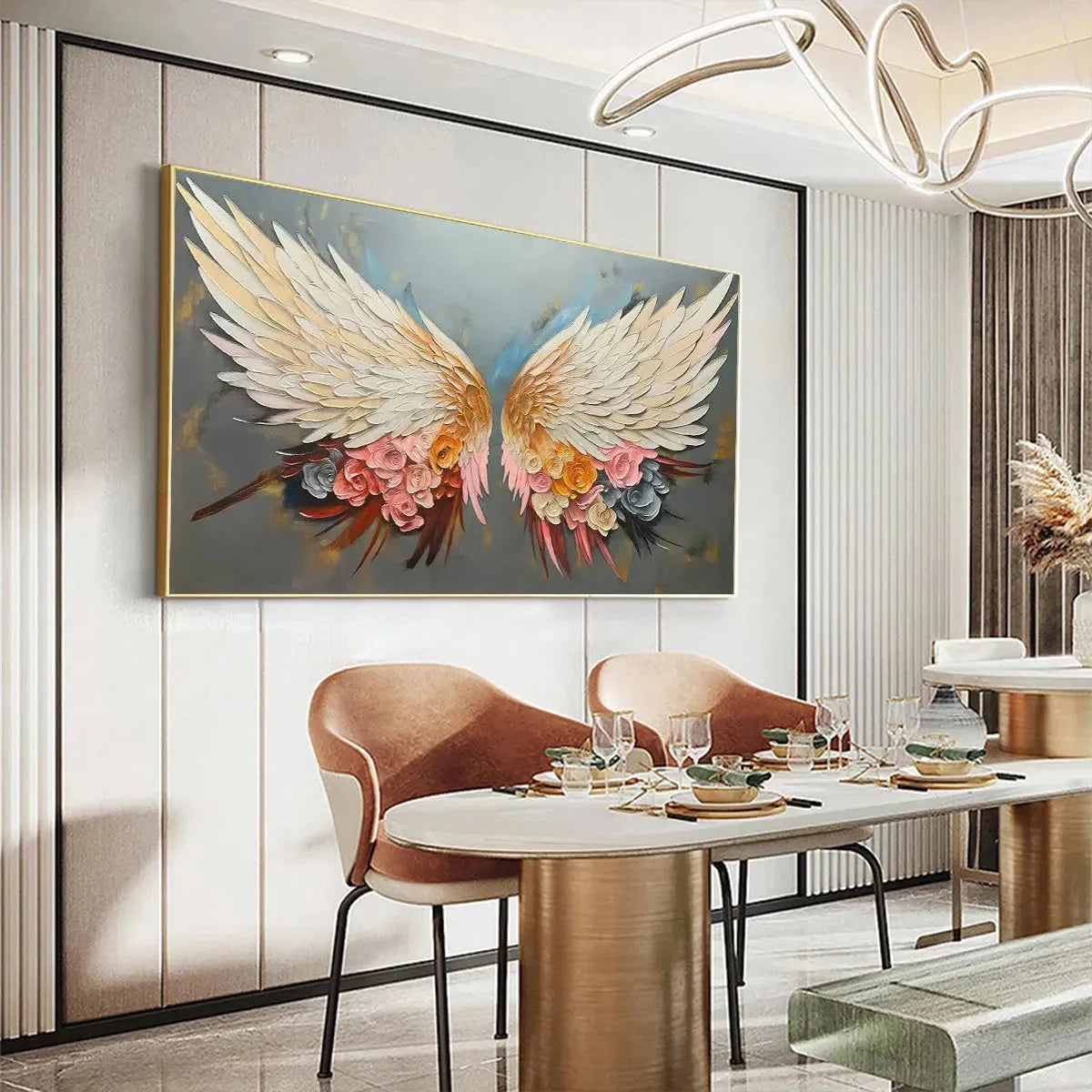 ANGEL WINGS: Panoramic Textured Impasto Painting of Floral Angel Wings, Romantic Wall Art, Bedroom Decor | beige palette, original Hand-painted on premium stretched canvas using artist-grade oils; ...
