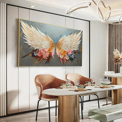 ANGEL WINGS: Panoramic Textured Impasto Painting of Floral Angel Wings, Romantic Wall Art, Bedroom Decor | beige palette, original Hand-painted on premium stretched canvas using artist-grade oils; ...