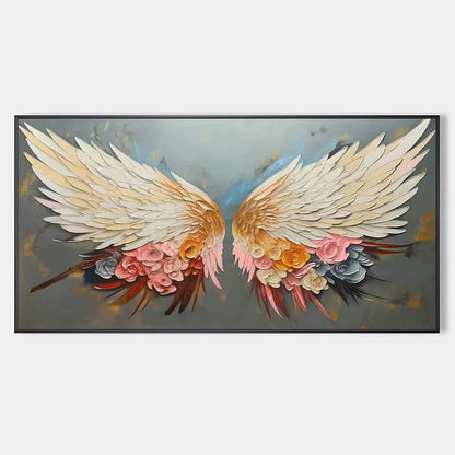 ANGEL WINGS: Panoramic Textured Impasto Painting of Floral Angel Wings, Romantic Wall Art, Bedroom Decor | hanging in ANGEL WINGS: Panoramic Textured Impasto Painting of Floral Angel Wings, Romanti...