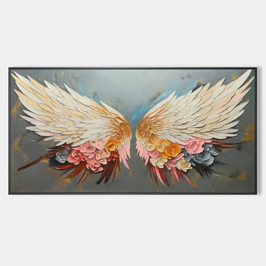 ANGEL WINGS: Panoramic Textured Impasto Painting of Floral Angel Wings, Romantic Wall Art, Bedroom Decor | hanging in ANGEL WINGS: Panoramic Textured Impasto Painting of Floral Angel Wings, Romanti...