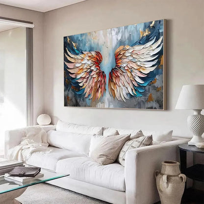 ANGEL WINGS: Textured Impasto Angel Wings Painting in Colorful Hues | gold frame stretched on neutral wall