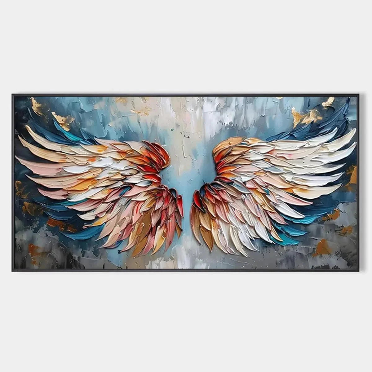 ANGEL WINGS: Textured Impasto Angel Wings Painting in Colorful Hues | hanging in ANGEL WINGS: Textured Impasto Angel Wings Painting in Colorful Hues featuring layered textured brushwork in refined ...