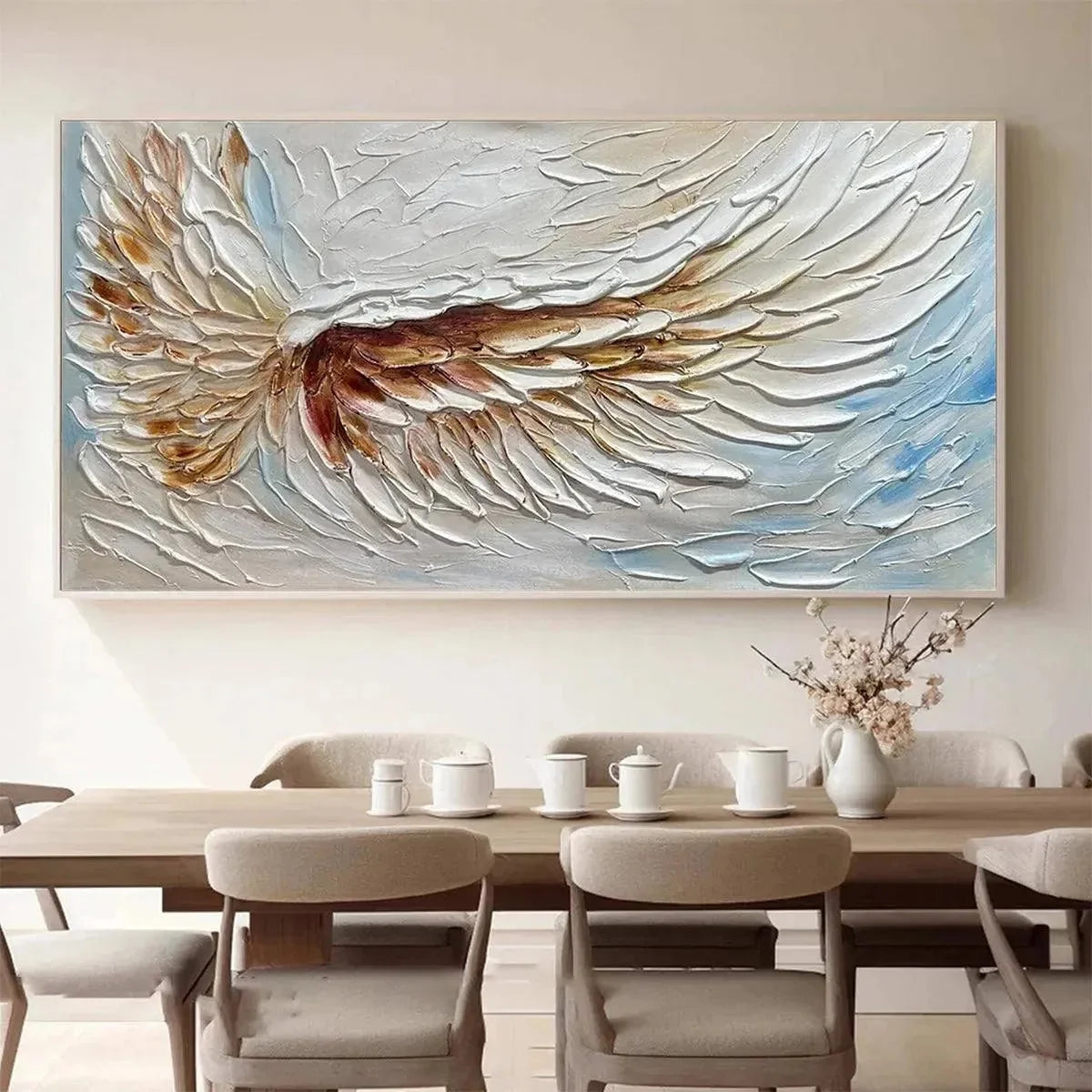 ANGEL WINGS: Textured White and Gold Angel Wing Painting | Abstract closeup, raised brushwork detail