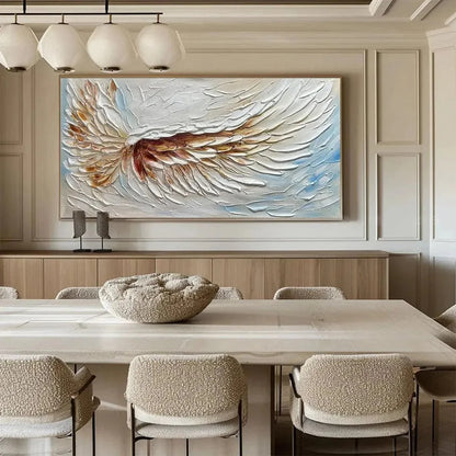 ANGEL WINGS: Textured White and Gold Angel Wing Painting | gold frame stretched on neutral wall