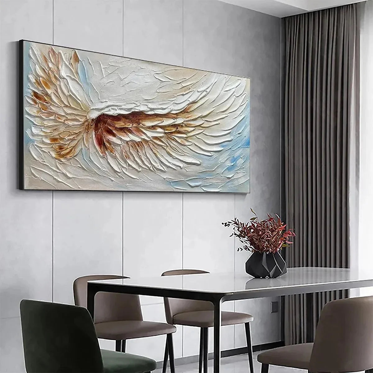 ANGEL WINGS: Textured White and Gold Angel Wing Painting | black frame version on white wall