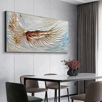 ANGEL WINGS: Textured White and Gold Angel Wing Painting | black frame version on white wall