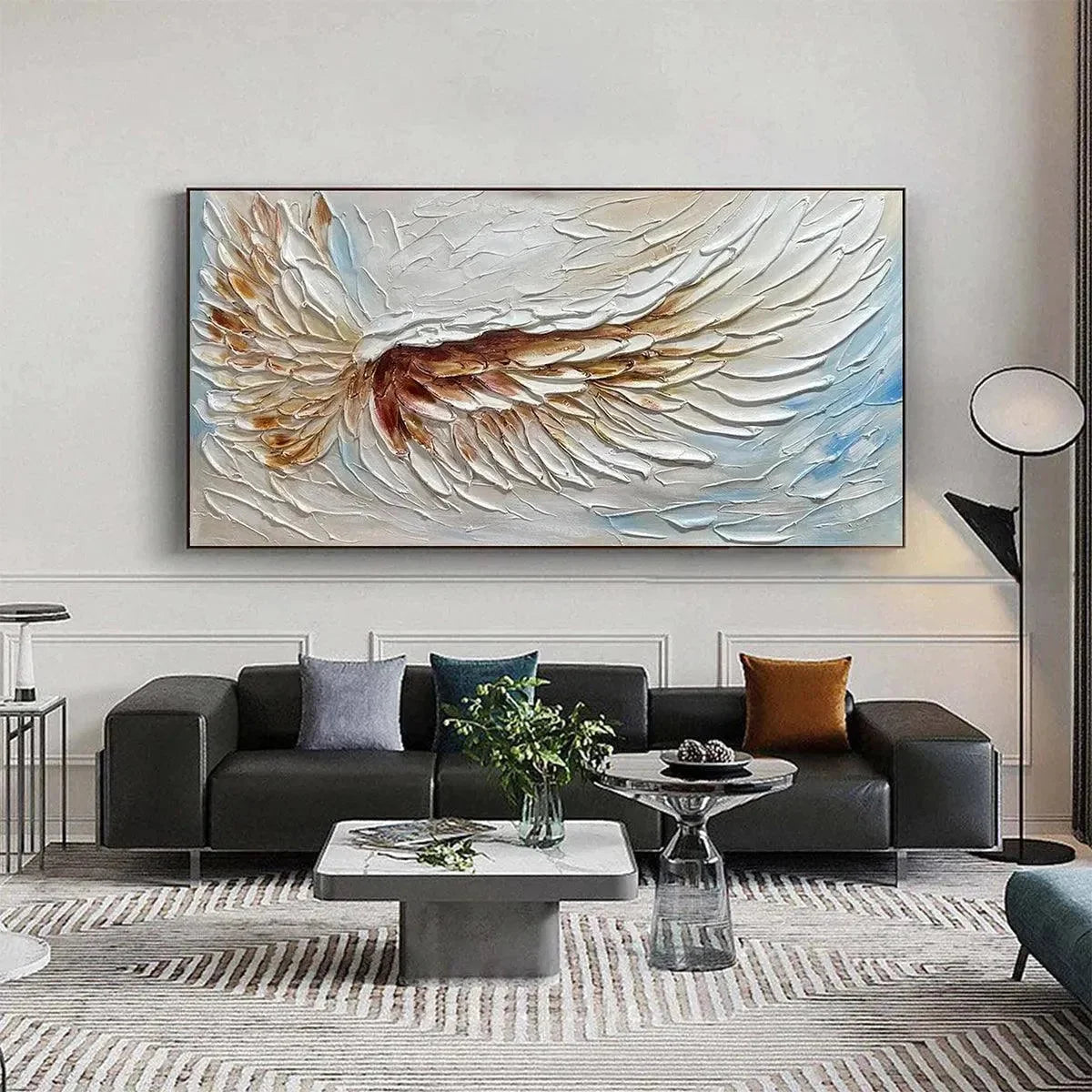 ANGEL WINGS: Textured White and Gold Angel Wing Painting | yellow palette, original Hand-painted on premium stretched canvas using artist-grade oils; rich layered surface combines smooth gradients ...