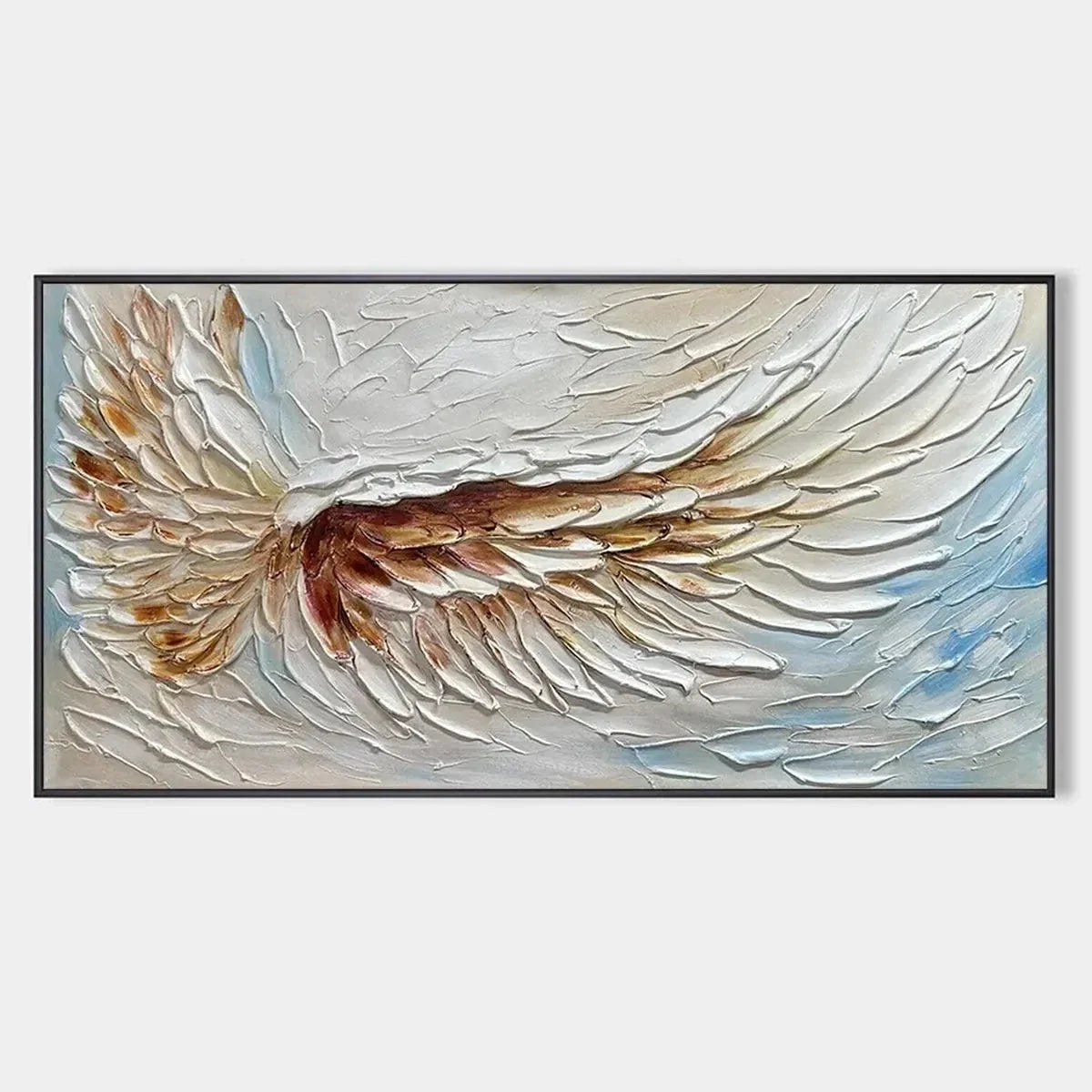 ANGEL WINGS: Textured White and Gold Angel Wing Painting | hanging in ANGEL WINGS: Textured White and Gold Angel Wing Painting featuring layered textured brushwork in refined tones; abstract compos...