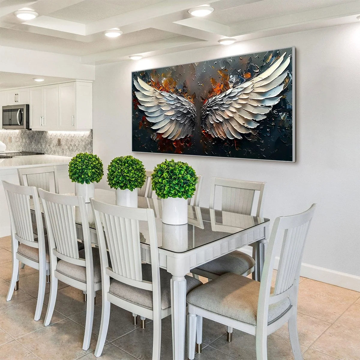 ANGELIC WINGS: Textured Symbolic Oil Painting | gold frame stretched on neutral wall