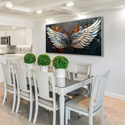 ANGELIC WINGS: Textured Symbolic Oil Painting | gold frame stretched on neutral wall