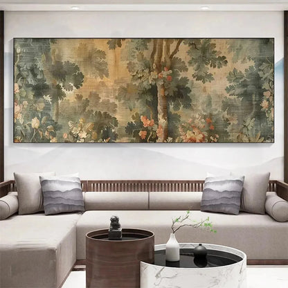 ANTIQUE FOREST TAPESTRY PANORAMIC: Forest Tapestry Painting, Panoramic Wall Art | Abstract closeup, raised brushwork detail