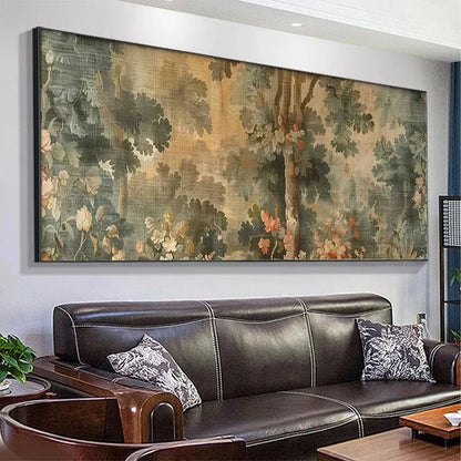 ANTIQUE FOREST TAPESTRY PANORAMIC: Forest Tapestry Painting, Panoramic Wall Art | gold frame stretched on neutral wall