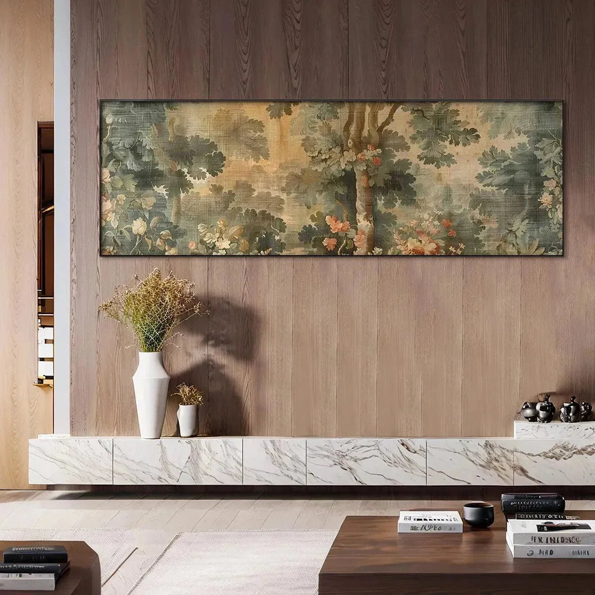 ANTIQUE FOREST TAPESTRY PANORAMIC: Forest Tapestry Painting, Panoramic Wall Art | rolled canvas, ready for custom framing