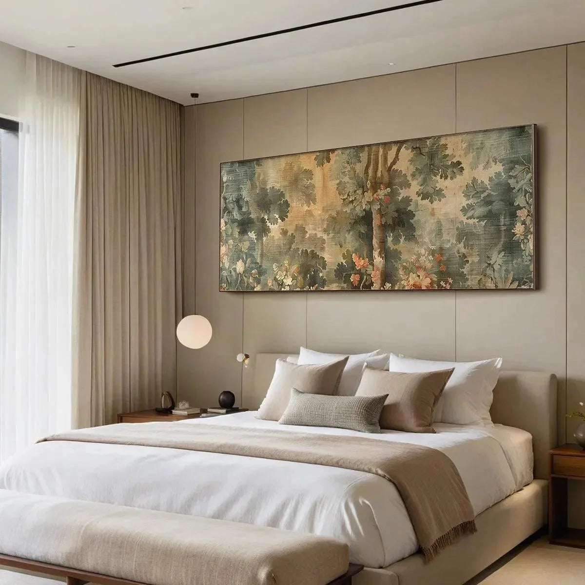 ANTIQUE FOREST TAPESTRY PANORAMIC: Forest Tapestry Painting, Panoramic Wall Art | Abstract mood, soft natural light studio shot