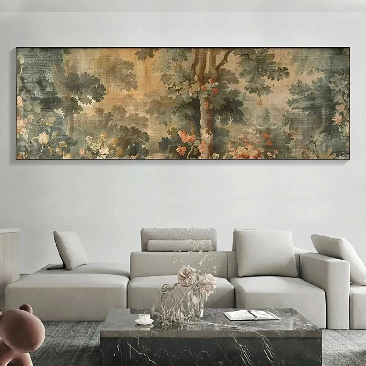 ANTIQUE FOREST TAPESTRY PANORAMIC: Forest Tapestry Painting, Panoramic Wall Art | green palette, original Hand-painted on premium stretched canvas using artist-grade oils; rich layered surface comb...