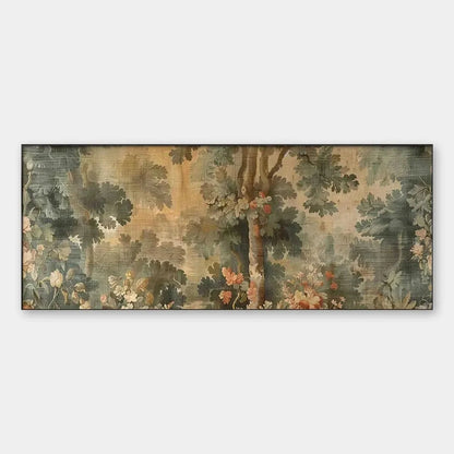 ANTIQUE FOREST TAPESTRY PANORAMIC: Forest Tapestry Painting, Panoramic Wall Art | hanging in ANTIQUE FOREST TAPESTRY PANORAMIC: Forest Tapestry Painting, Panoramic Wall Art featuring layered textur...