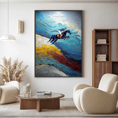 APEX JUMP: Dynamic Textured Equestrian Horse Jumping Painting | Abstract closeup, raised brushwork detail