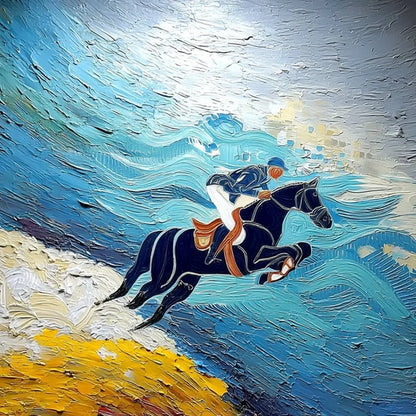 APEX JUMP: Dynamic Textured Equestrian Horse Jumping Painting | rectangular format, hand-painted canvas edge