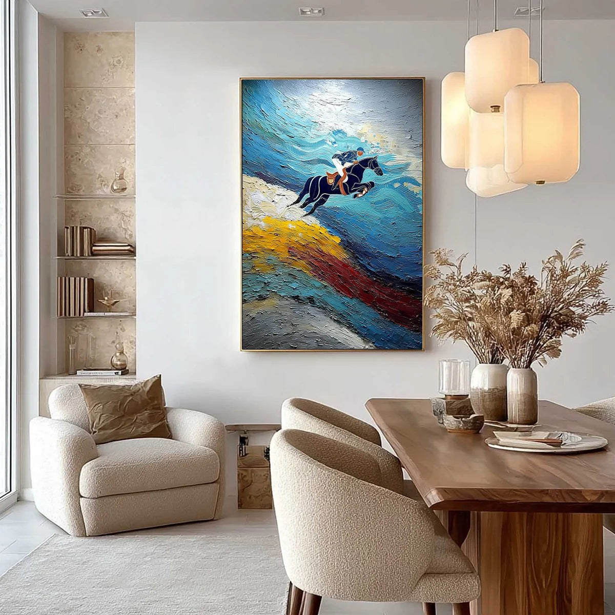 APEX JUMP: Dynamic Textured Equestrian Horse Jumping Painting | gold frame stretched on neutral wall