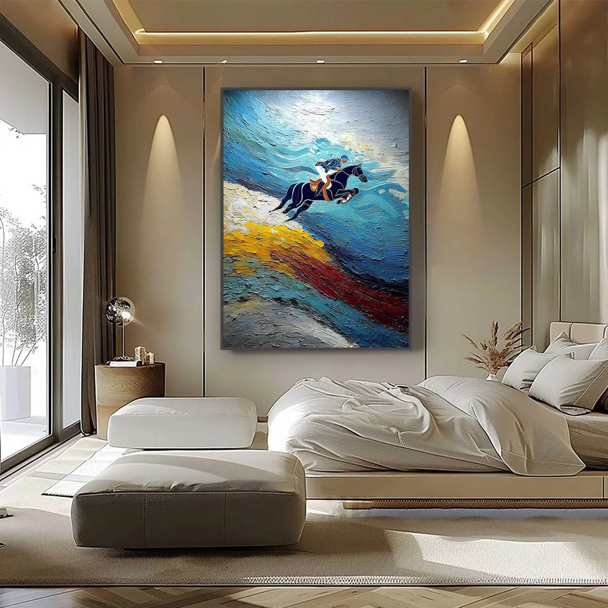 APEX JUMP: Dynamic Textured Equestrian Horse Jumping Painting | black frame version on white wall