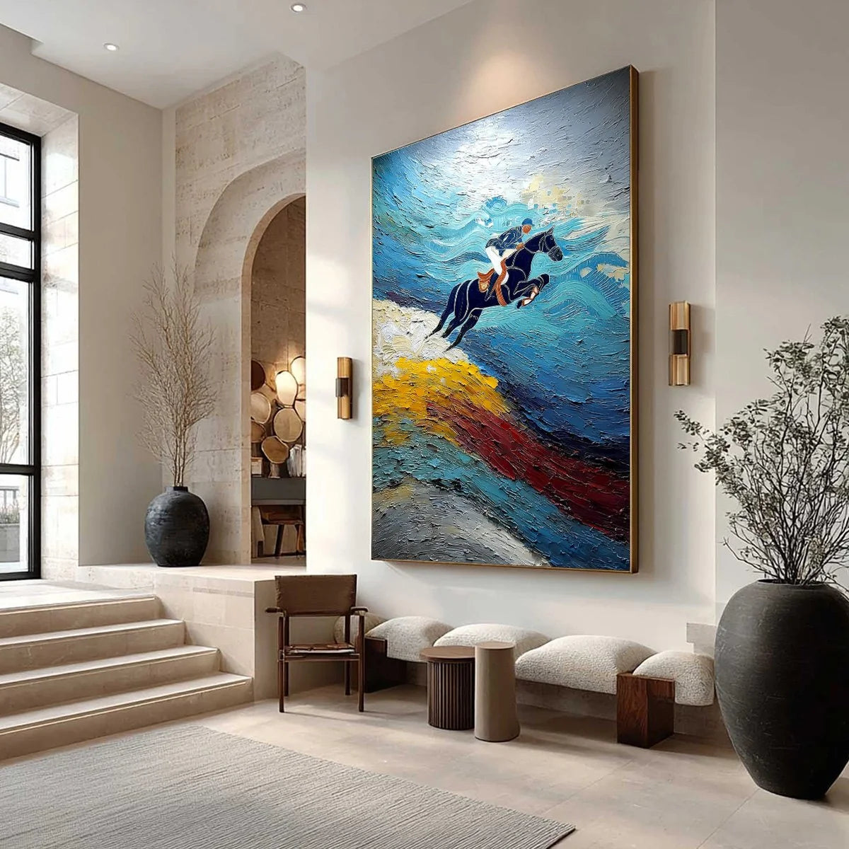 APEX JUMP: Dynamic Textured Equestrian Horse Jumping Painting | Abstract mood, soft natural light studio shot