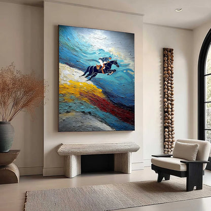 APEX JUMP: Dynamic Textured Equestrian Horse Jumping Painting | beige palette, original Hand-painted on premium stretched canvas using artist-grade oils; rich layered surface combines smooth gradie...