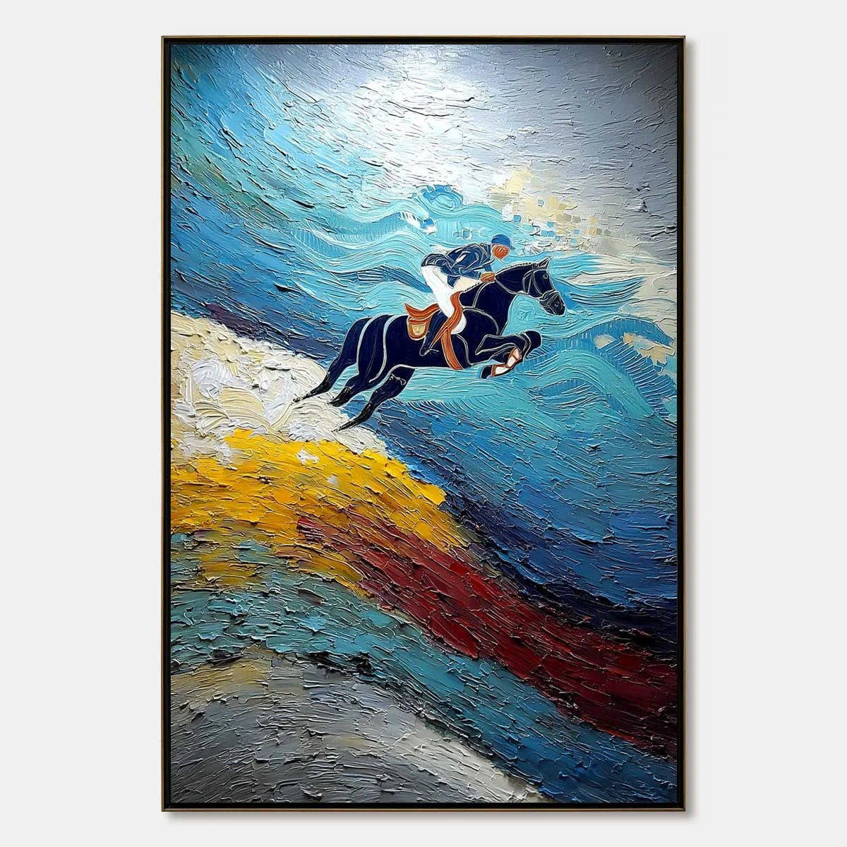 APEX JUMP: Dynamic Textured Equestrian Horse Jumping Painting | hanging in APEX JUMP: Dynamic Textured Equestrian Horse Jumping Painting featuring layered textured brushwork in refined tones; abstr...