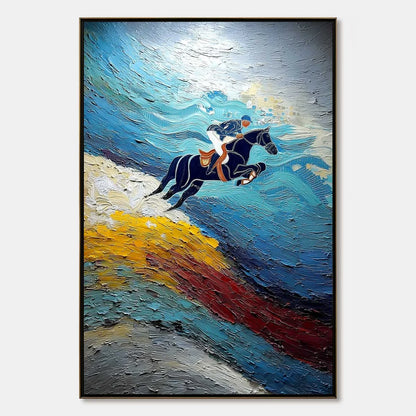 APEX JUMP: Dynamic Textured Equestrian Horse Jumping Painting | hanging in APEX JUMP: Dynamic Textured Equestrian Horse Jumping Painting featuring layered textured brushwork in refined tones; abstr...