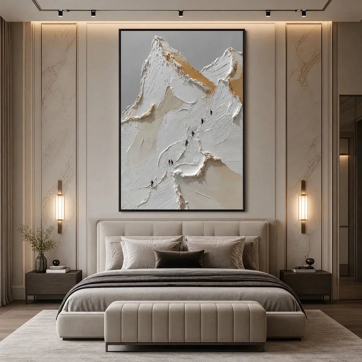 APEX: Textured Impasto Painting of a Mountain Ascent | gold frame stretched on neutral wall