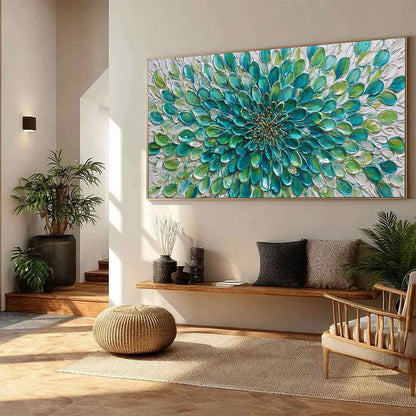 AQUA BLOOM: Textured Impasto Floral Oil Painting | gold frame stretched on neutral wall