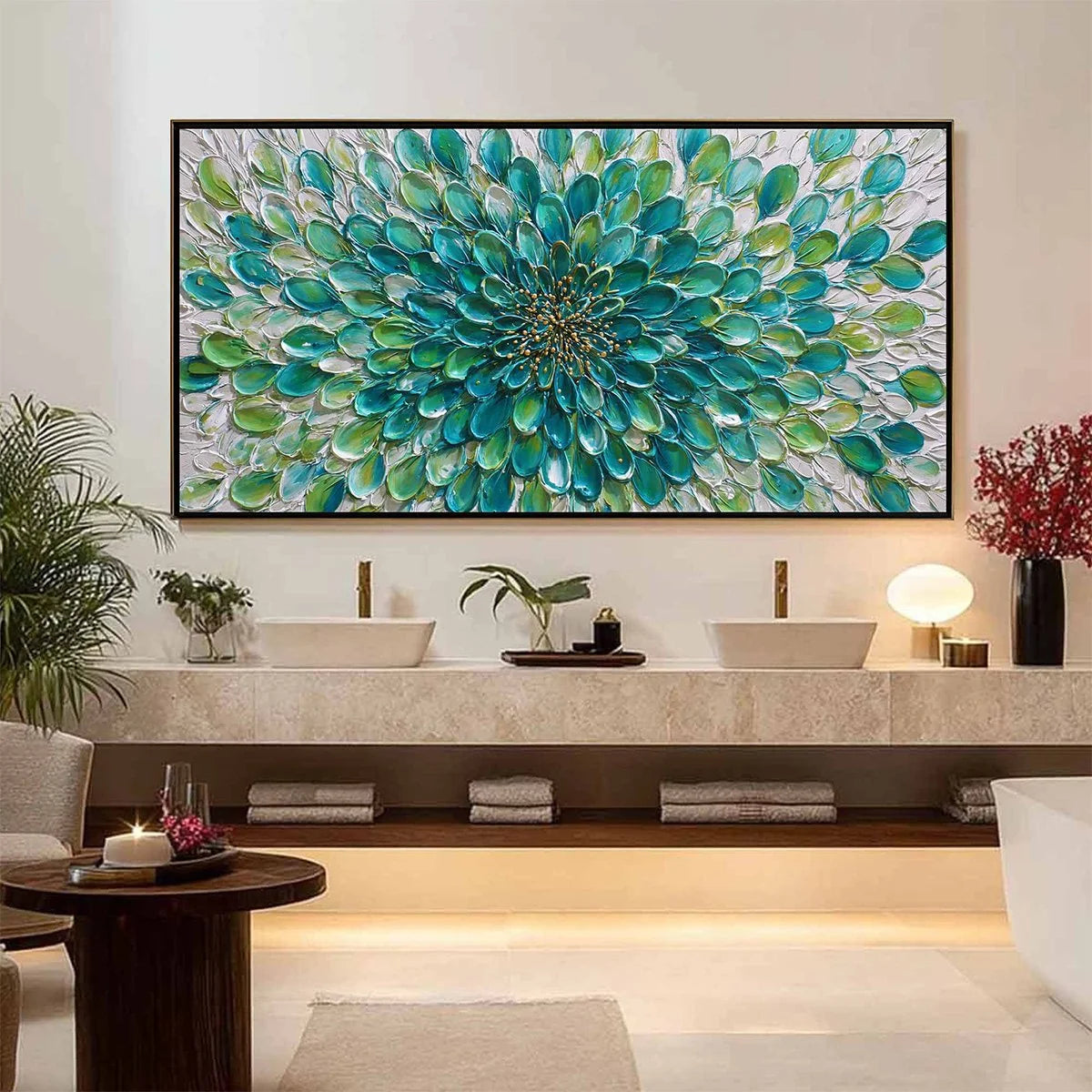 AQUA BLOOM: Textured Impasto Floral Oil Painting | Abstract mood, soft natural light studio shot