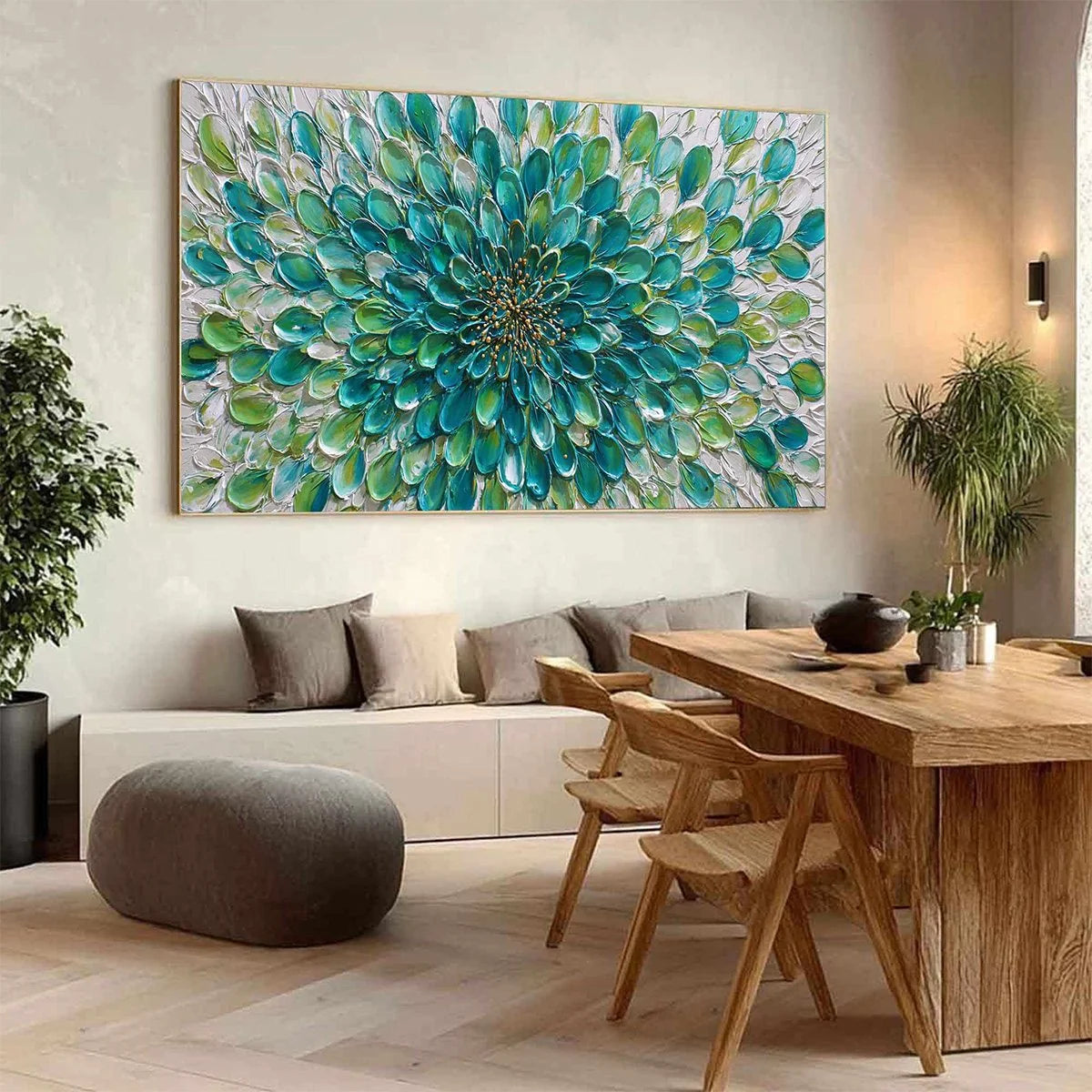 AQUA BLOOM: Textured Impasto Floral Oil Painting | beige palette, original Hand-painted on premium stretched canvas using artist-grade oils; rich layered surface combines smooth gradients with tact...