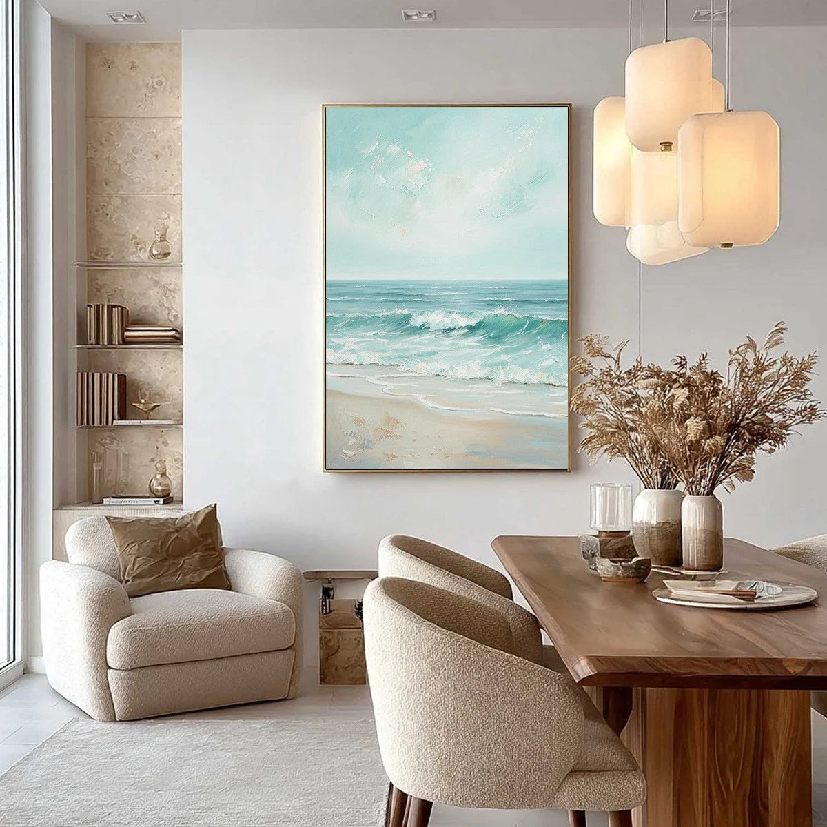 AQUA HORIZON: Textured Vertical Seascape Oil Painting | Abstract closeup, raised brushwork detail