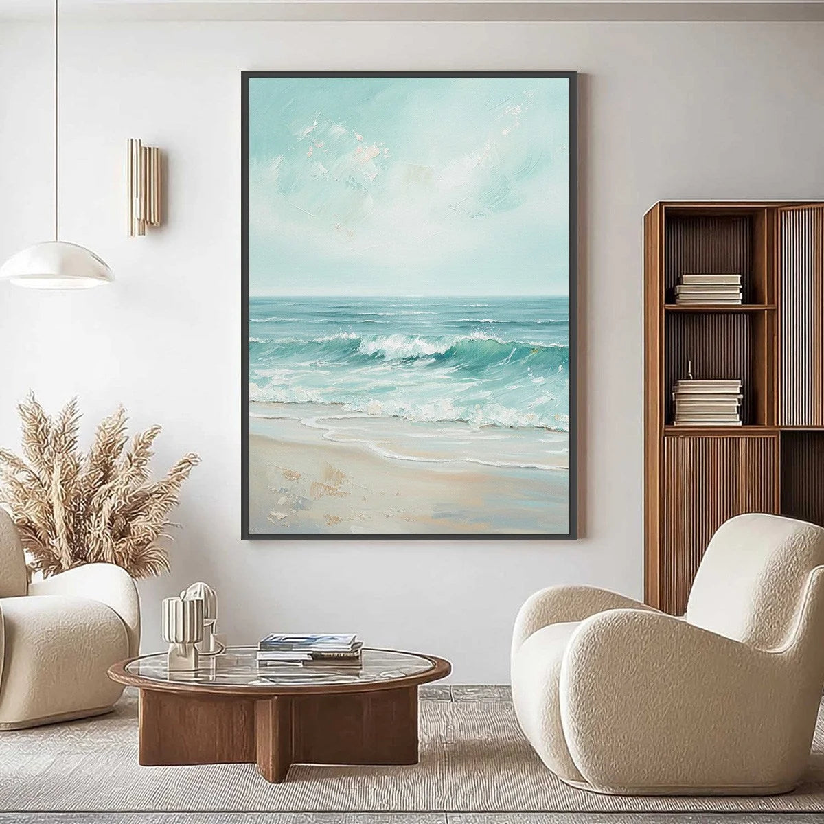 AQUA HORIZON: Textured Vertical Seascape Oil Painting | gold frame stretched on neutral wall