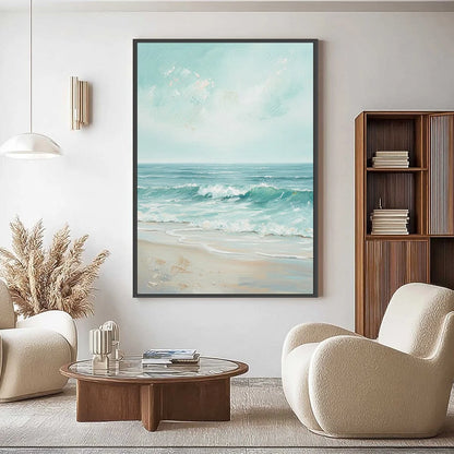 AQUA HORIZON: Textured Vertical Seascape Oil Painting | gold frame stretched on neutral wall