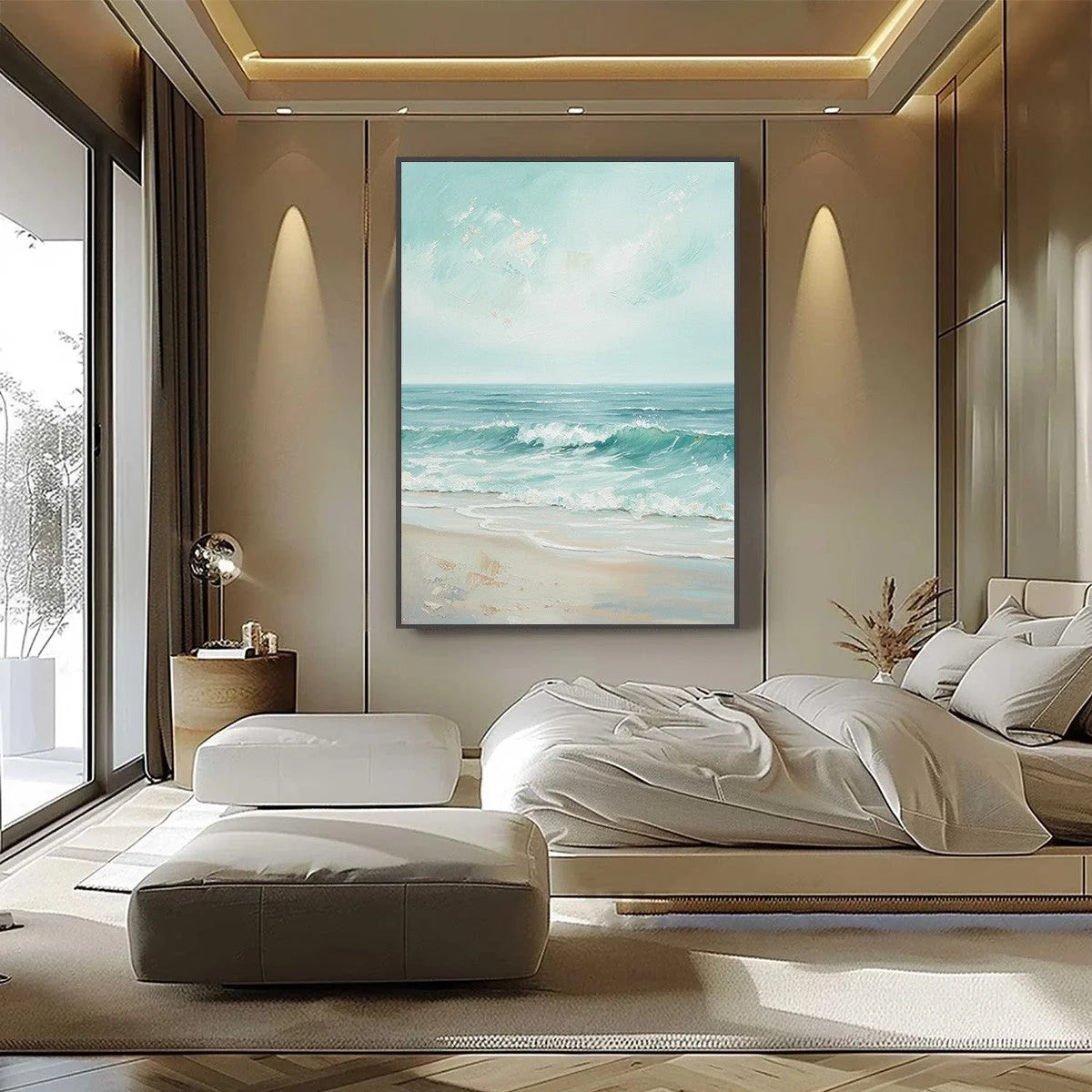 AQUA HORIZON: Textured Vertical Seascape Oil Painting | black frame version on white wall