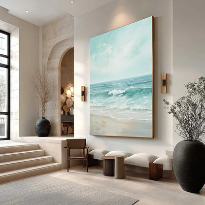 AQUA HORIZON: Textured Vertical Seascape Oil Painting | Abstract mood, soft natural light studio shot