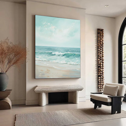 AQUA HORIZON: Textured Vertical Seascape Oil Painting | beige palette, original Hand-painted on premium stretched canvas using artist-grade oils; rich layered surface combines smooth gradients with...