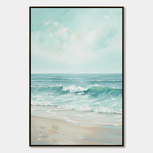 AQUA HORIZON: Textured Vertical Seascape Oil Painting | hanging in AQUA HORIZON: Textured Vertical Seascape Oil Painting featuring layered textured brushwork in refined tones; abstract composition ...